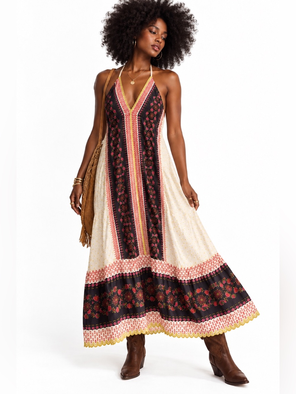 FREE PEOPLE Cubana Border Print Chiffon Halter Maxi Dress Ivory